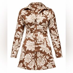En Saison Brown Floral Button Front Mini Shirt Dress – Size M
